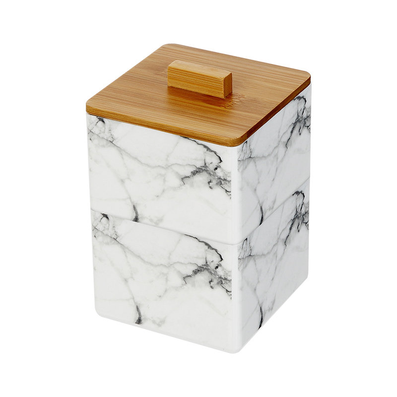 Новый дизайн Мраморная коробка для хранения косметики PS Пластиковые тампоны 2-слойный ящик Мраморный органайзер для хранения макияжа с бамбуковой крышкой