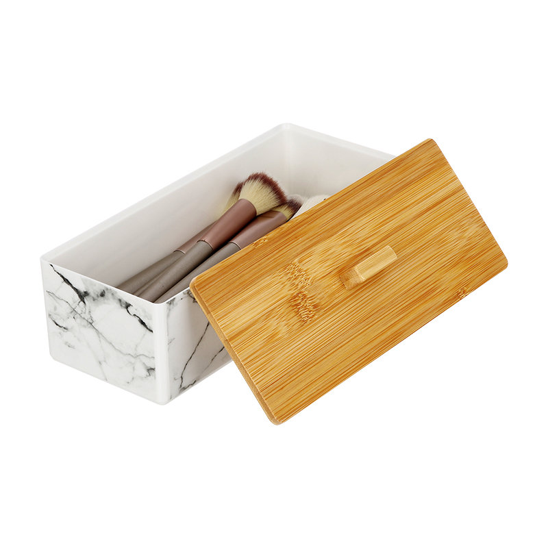 Настольный органайзер для хранения кистей для макияжа PS, многоцелевой мраморный пластиковый ящик для макияжа, контейнер для хранения с бамбуковой крышкой