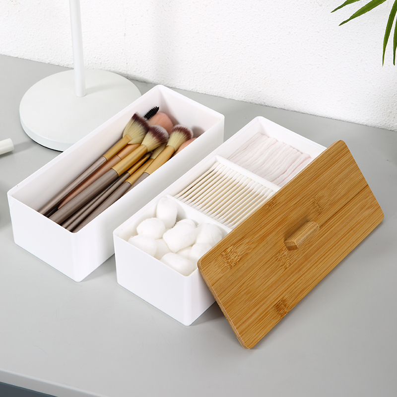 Двухслойная белая косметическая коробка для хранения PS с бамбуковой крышкой (4 яруса)