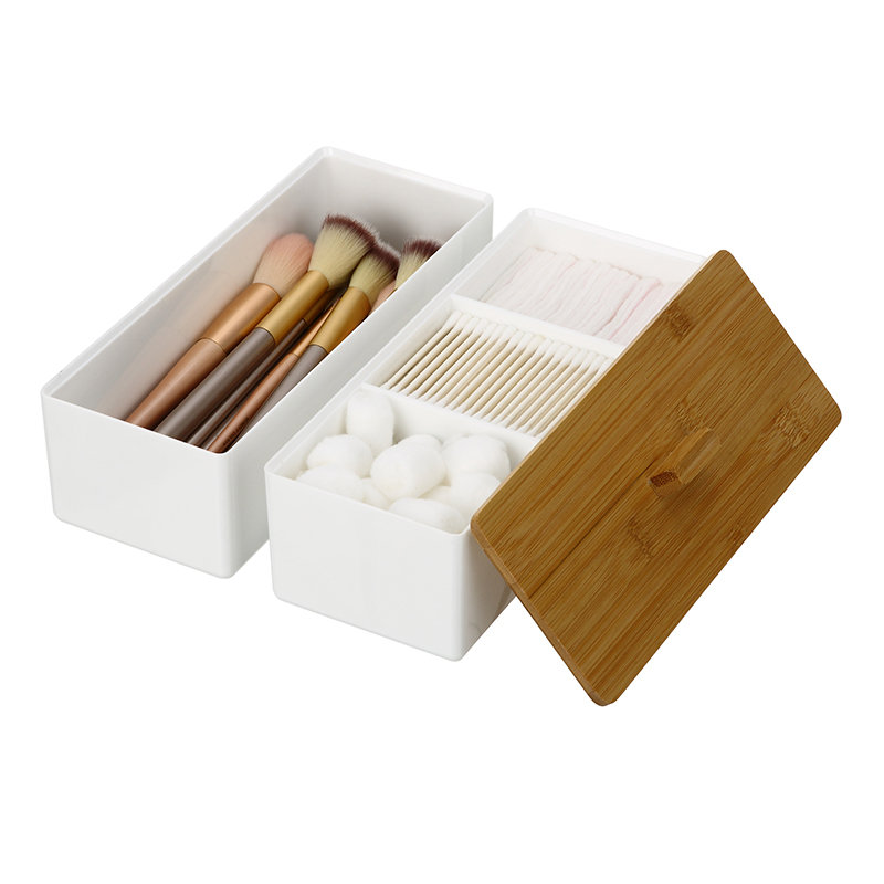Двухслойная белая косметическая коробка для хранения PS с бамбуковой крышкой (4 яруса)